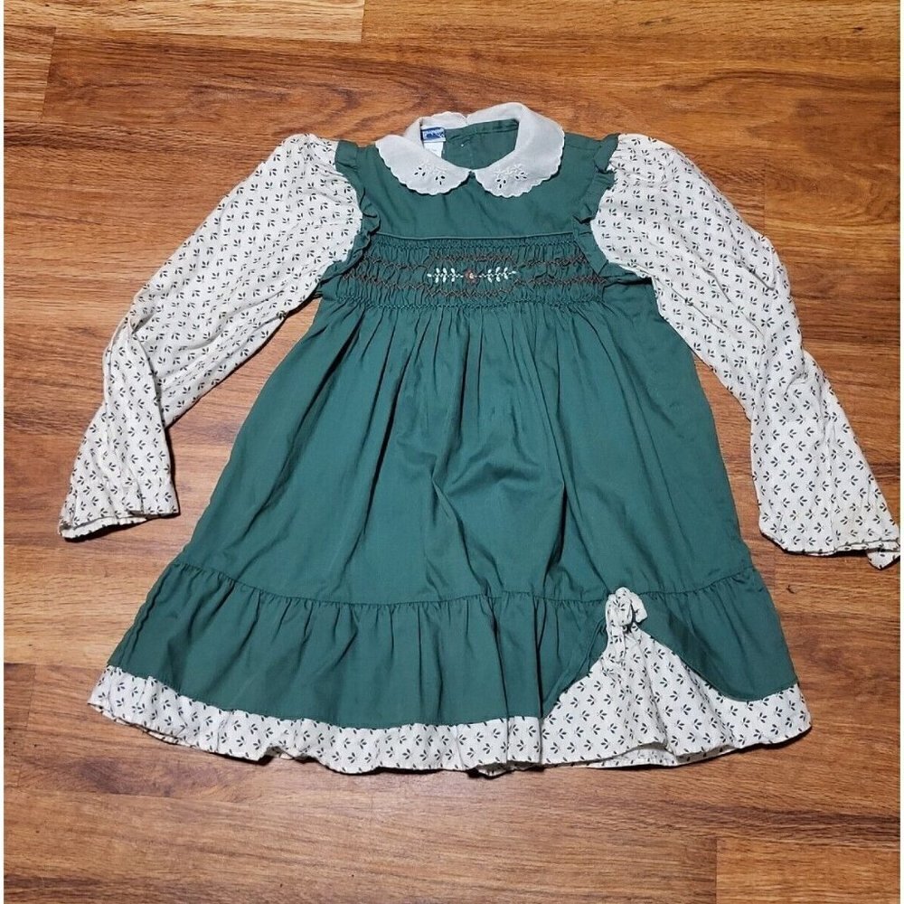 Vtg Polly Flinders Size 6 Long Sleeve‎ Pinafore Holiday Holly Smocked Dress Read